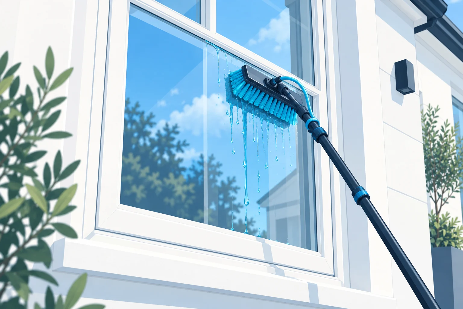 Illustration of a water-fed brush rinsing window glass