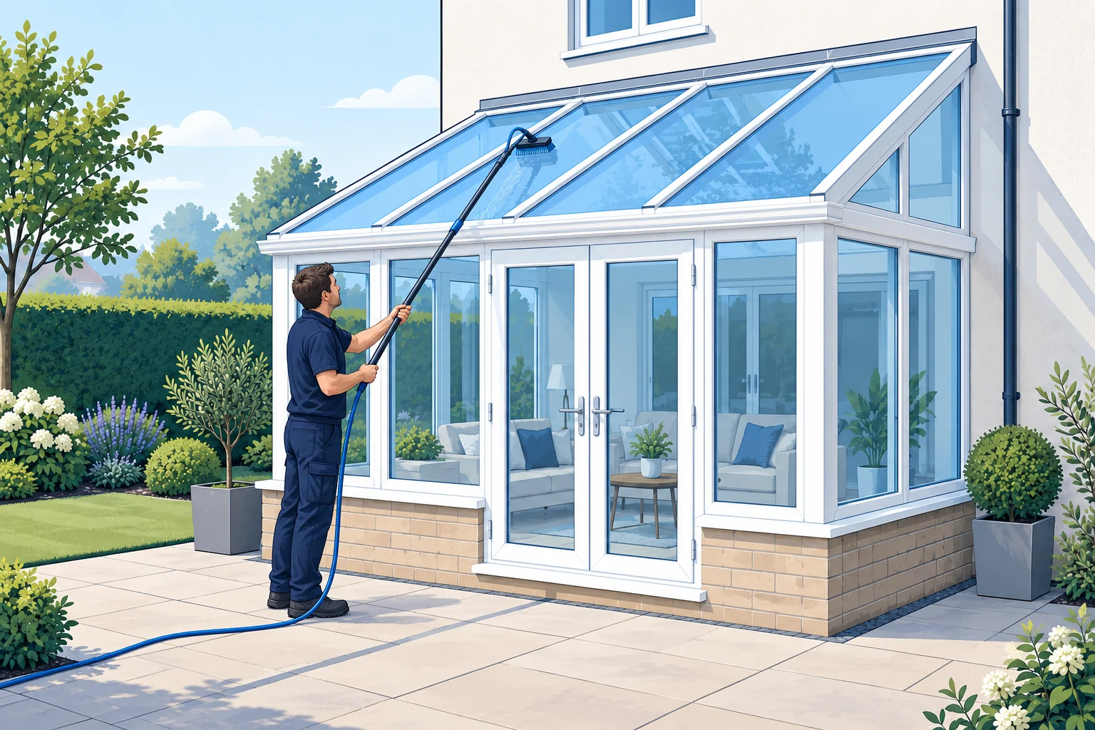 Architectural illustration of conservatory roof cleaning with a water-fed pole