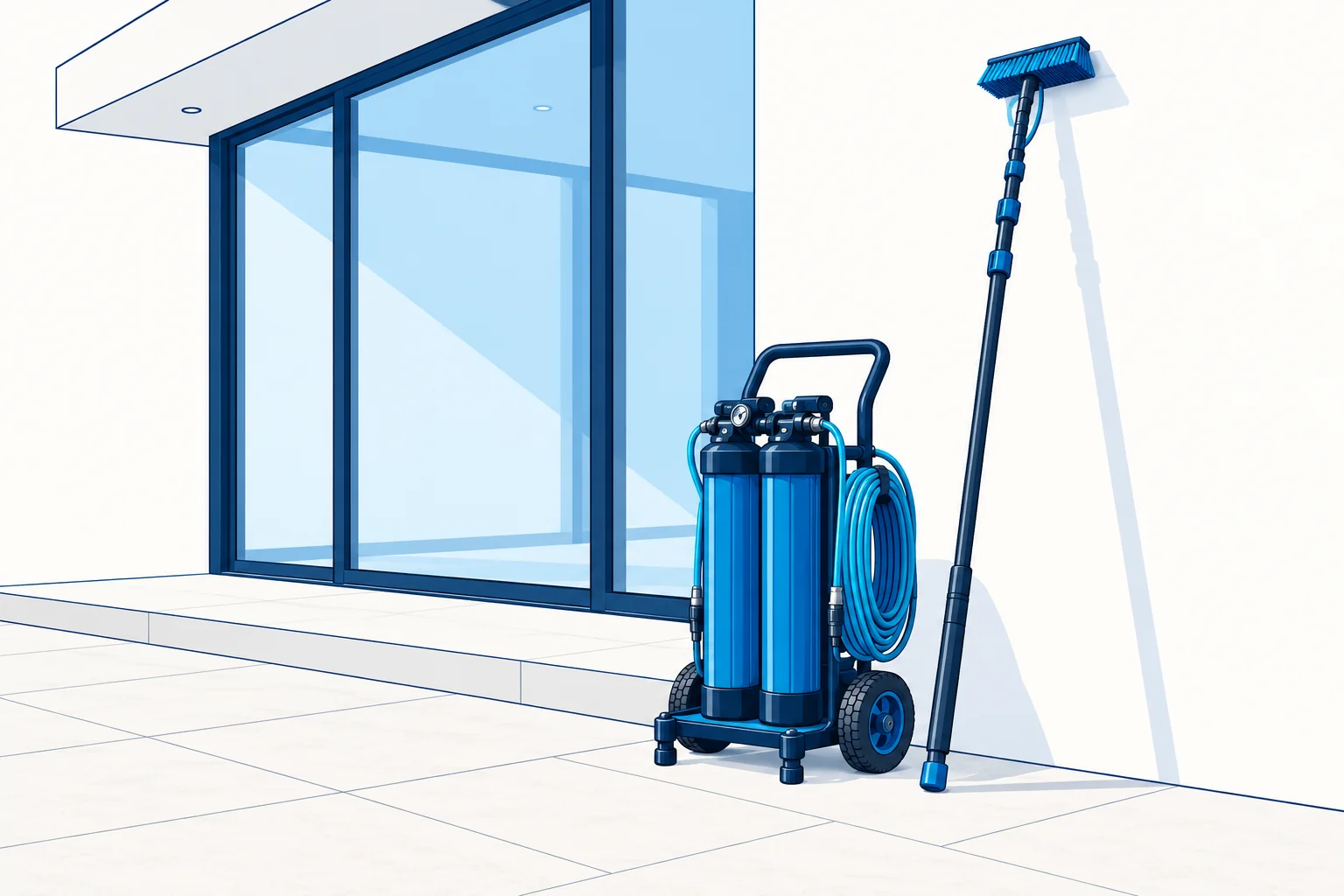Illustration of pure-water filtration equipment, a hose and a telescopic cleaning pole