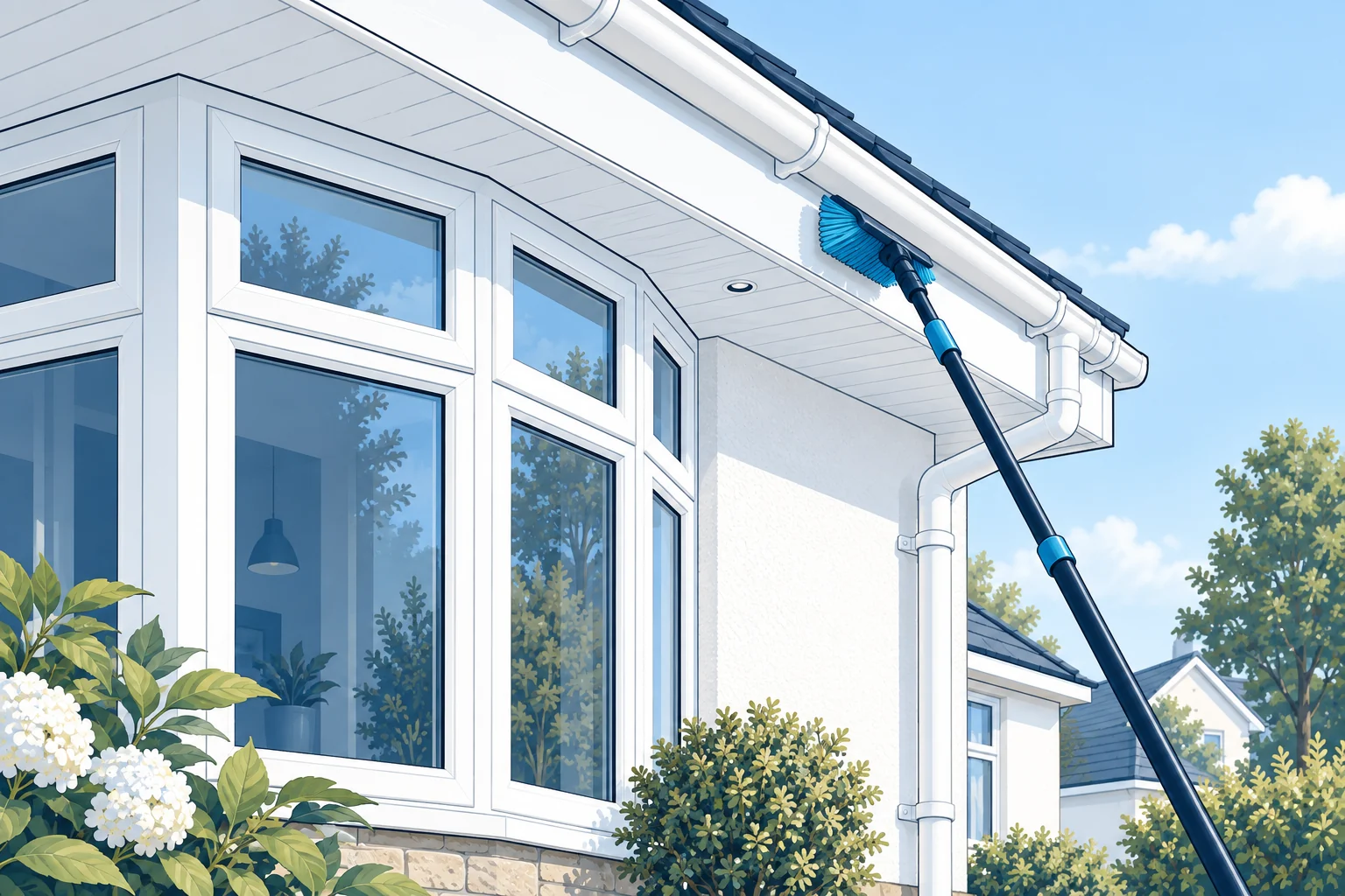 Architectural illustration of white uPVC frames, fascias and soffits being cleaned