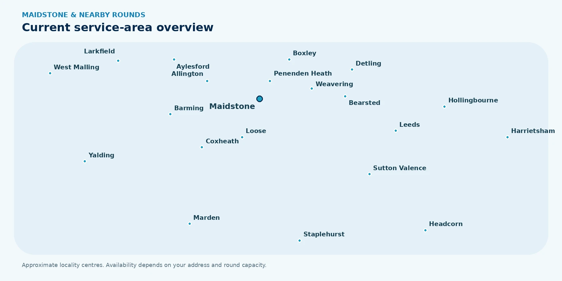 Service-area map showing Maidstone and the nearby locations already listed on WindowsCleaned4U rounds
