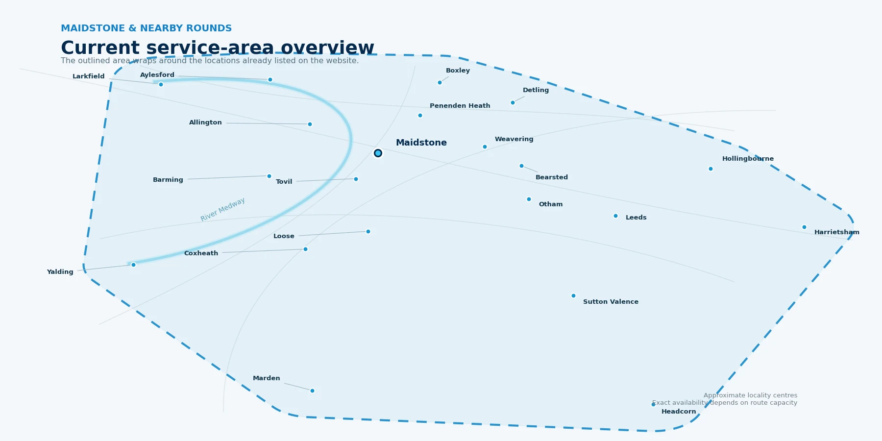 Service-area map showing Maidstone and the nearby locations already listed on WindowsCleaned4U rounds